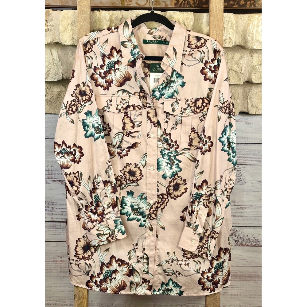NWT Lauren Ralph Lauren Woman Pink Floral Cotton Button Down Shirt Blouse 1X
